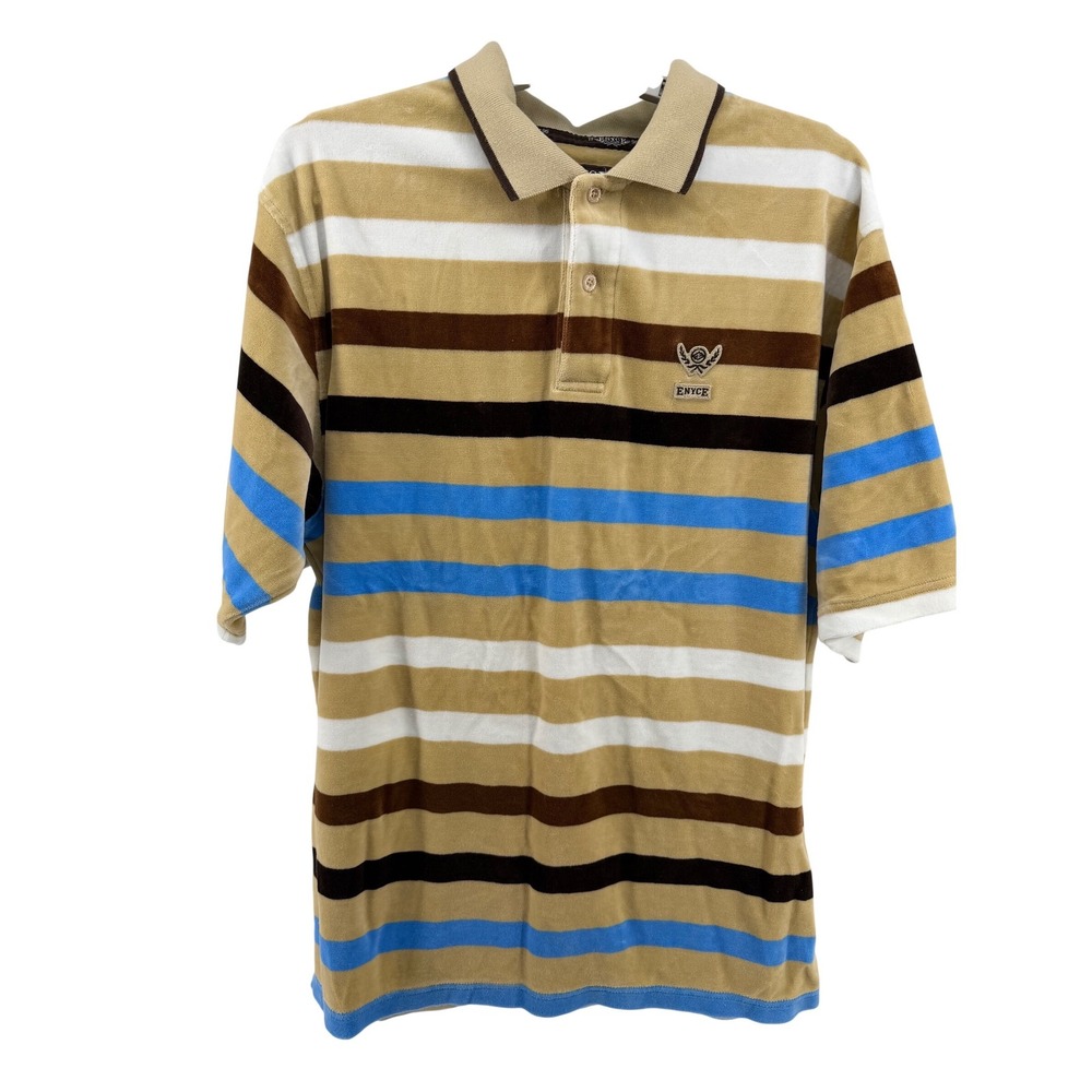 Vtg Y2K ENYCE Mens Velour Stripe Polo Shirt Short Sleeve Beige Brown Blue Size M